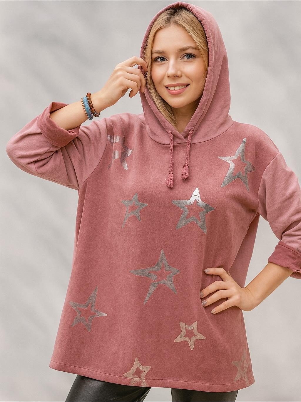 İtalyan Yıldız Desen Nubuk Bluz - PUDRA PEMBE