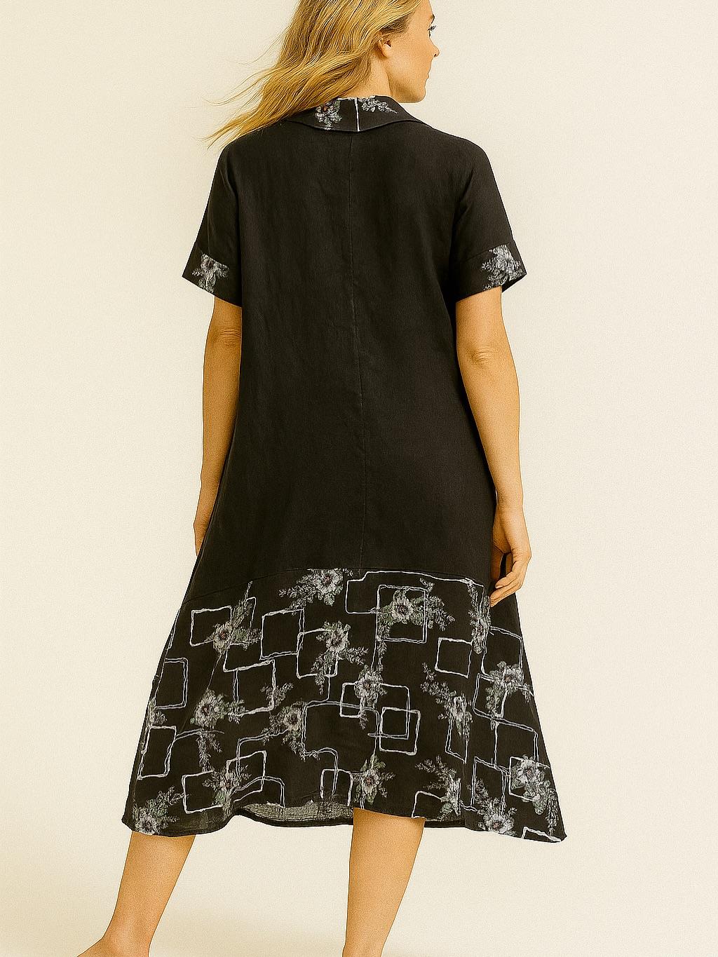 İtalyan Çiçek Desenli Keten Elbise - SİYAH