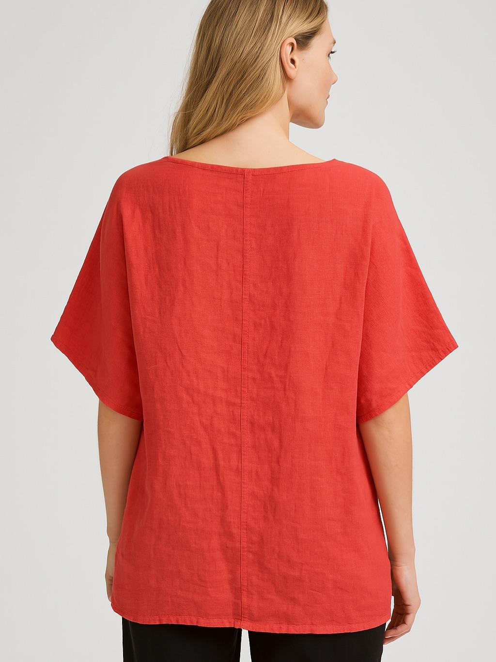 İtalyan Keten Desenli Bluz - KIRMIZI