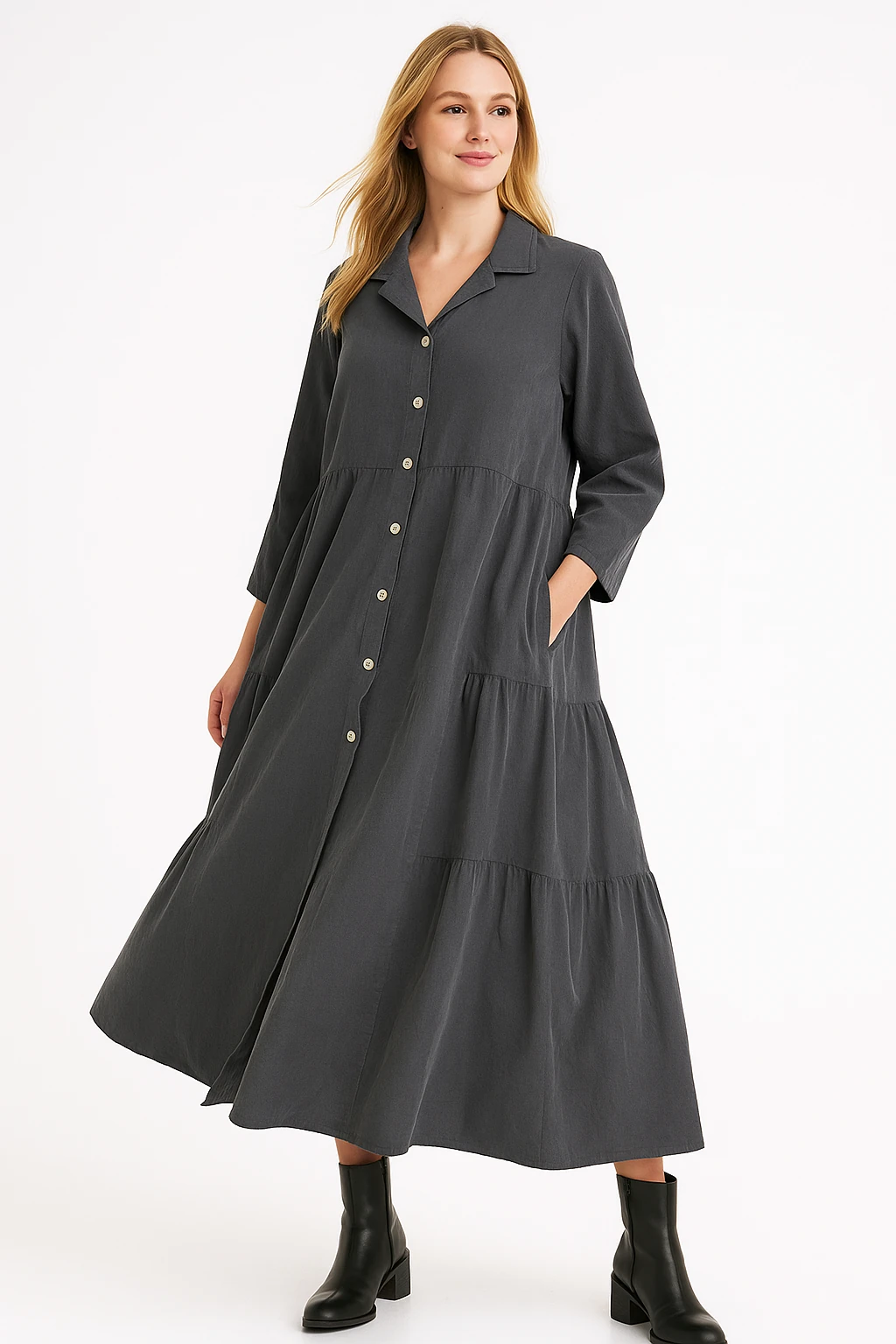 İtalyan Kadife Gömlek Elbise - ANTRASİT