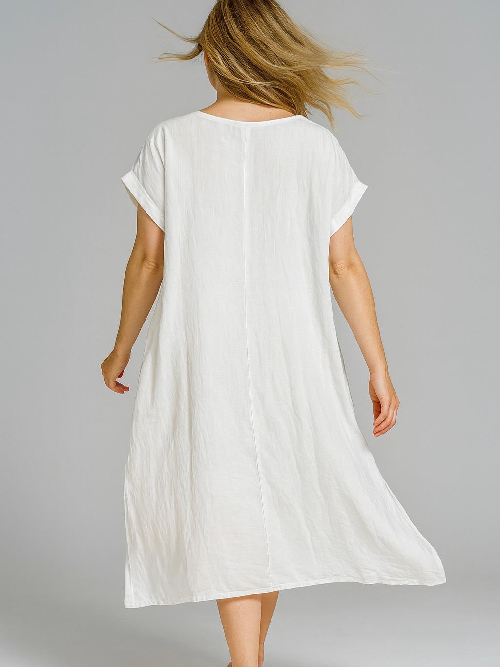 İtalyan Keten V Yaka Elbise - BEYAZ
