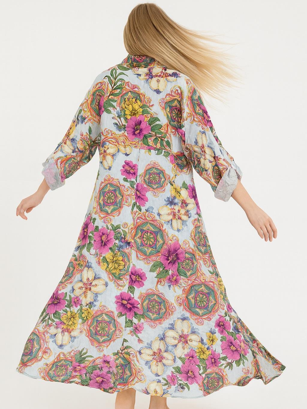İtalyan Keten Çiçek Desenli Elbise - BUZ MAVİSİ