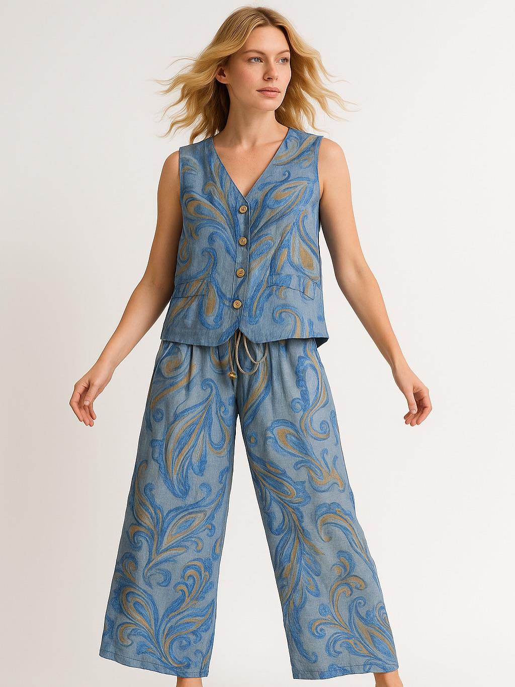 İtalyan Keten Yelek Takım - MAVİ