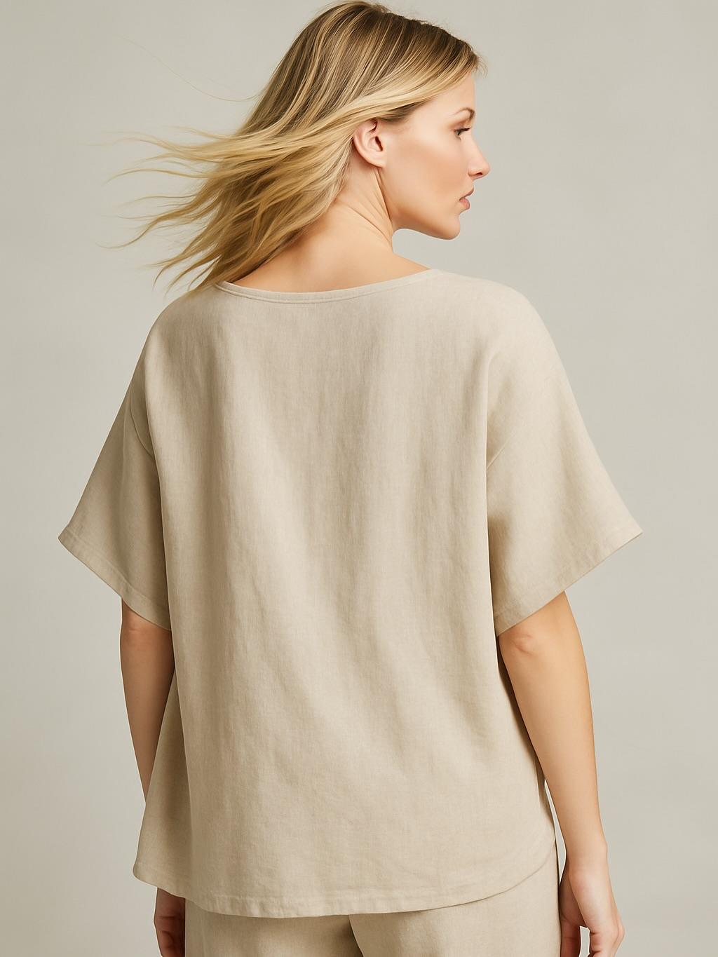 İtalyan Keten Desenli Bluz - BEJ