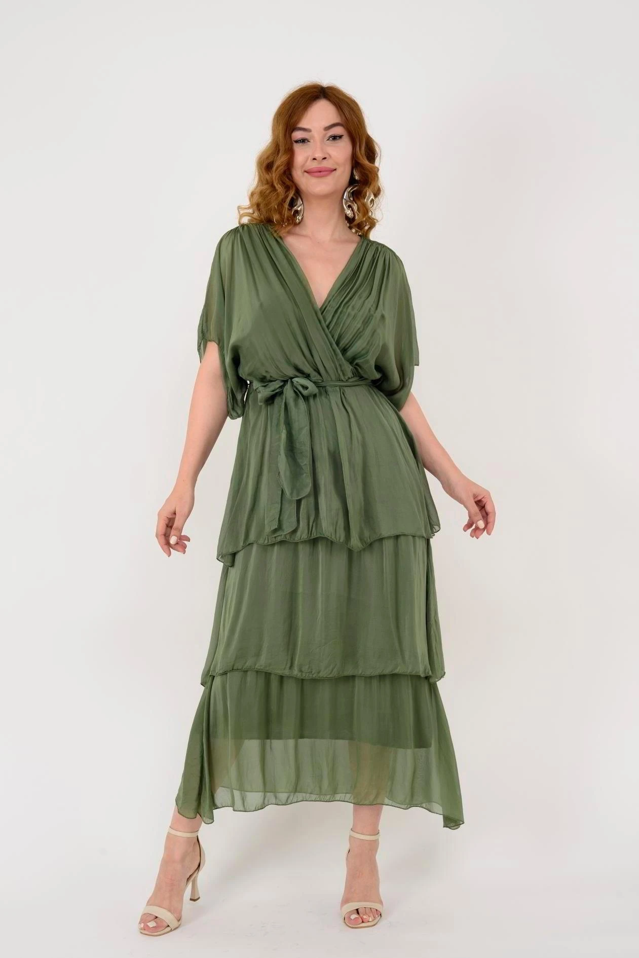 İtalyan İpek Belden Bağlamalı Elbise - HAKİ