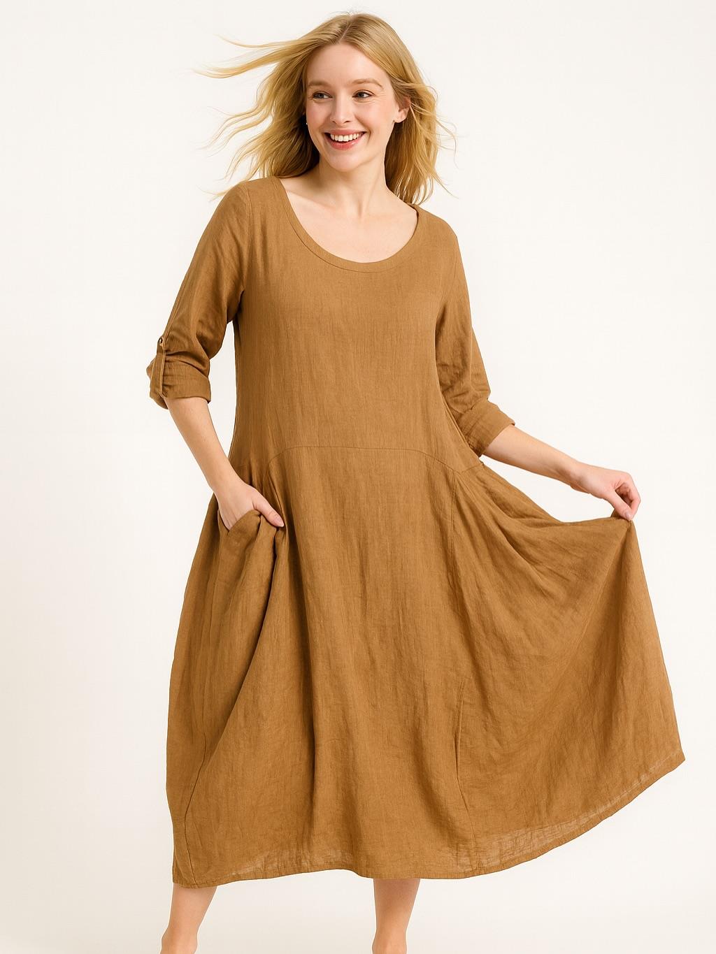 İtalyan Keten Cep Detaylı Elbise - BAL