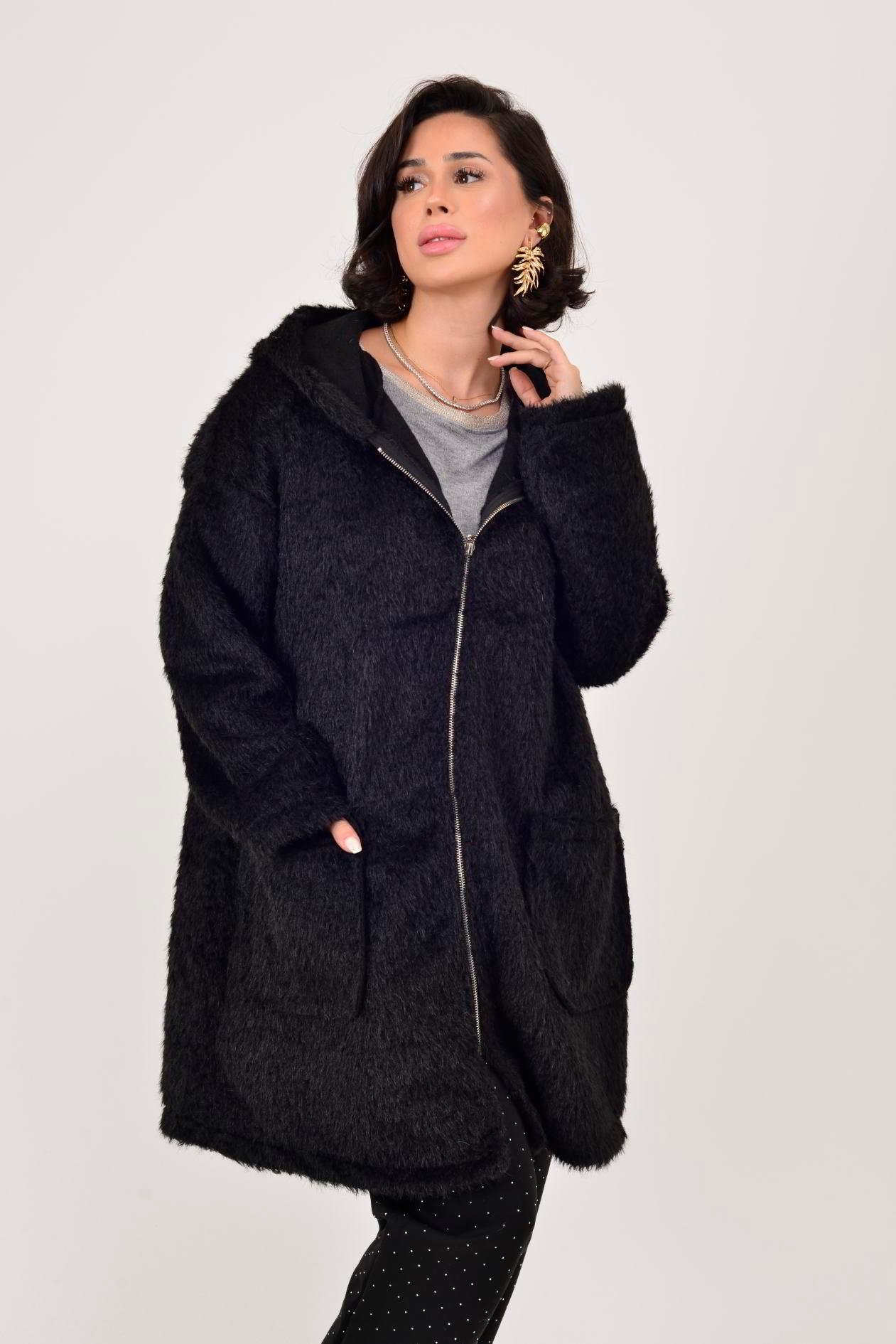 İtalyan Kapüşonlu Keçe Kaban - SİYAH