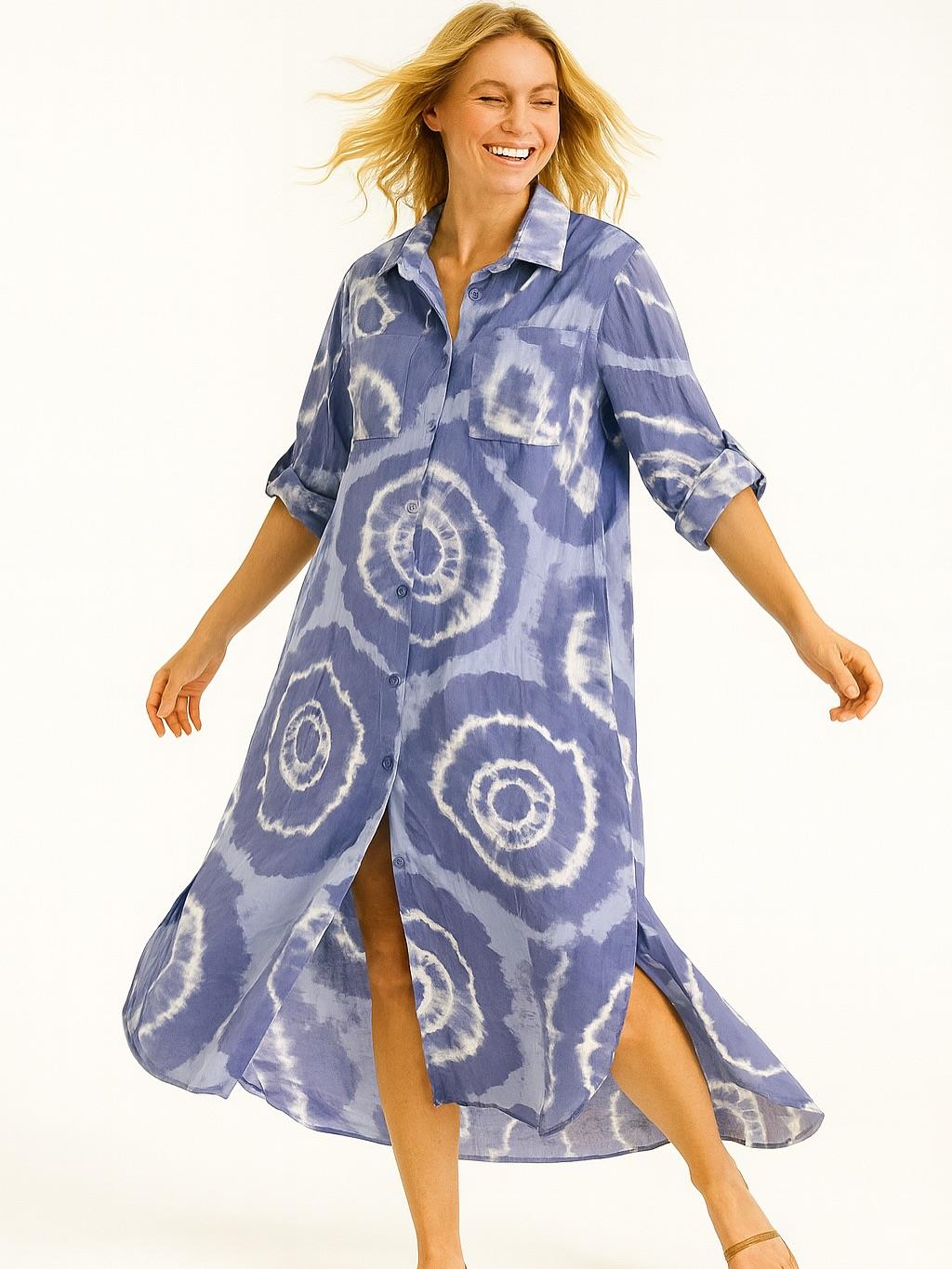 İtalyan Pamuk Dalga Desen Elbise - MAVİ