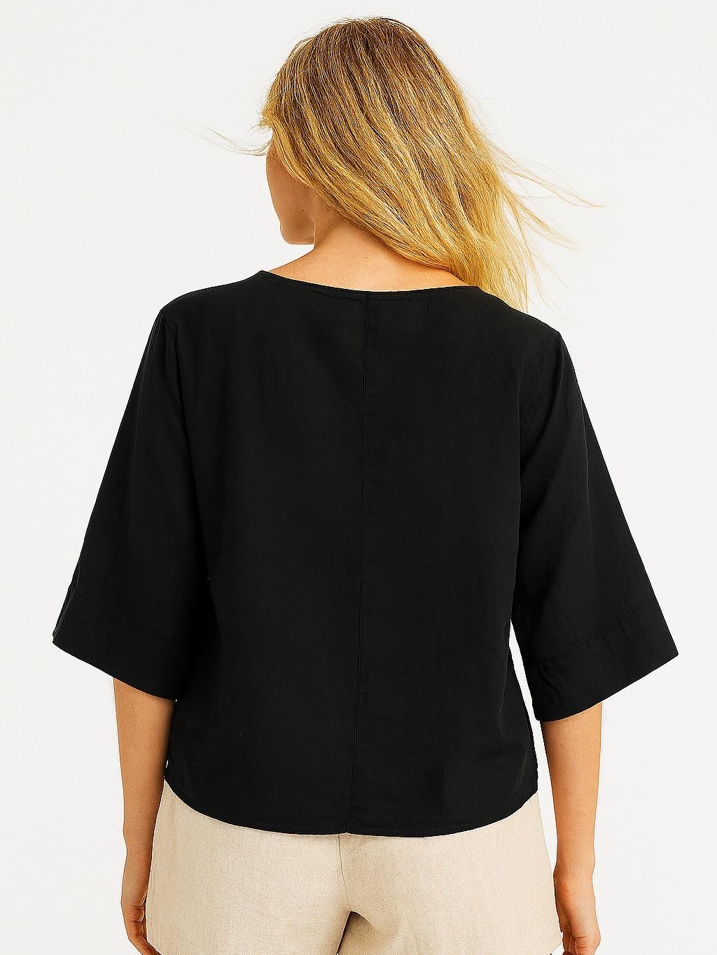 İtalyan Vual Pamuklu Kumaş Önden Bağlamalı Bluz - SİYAH