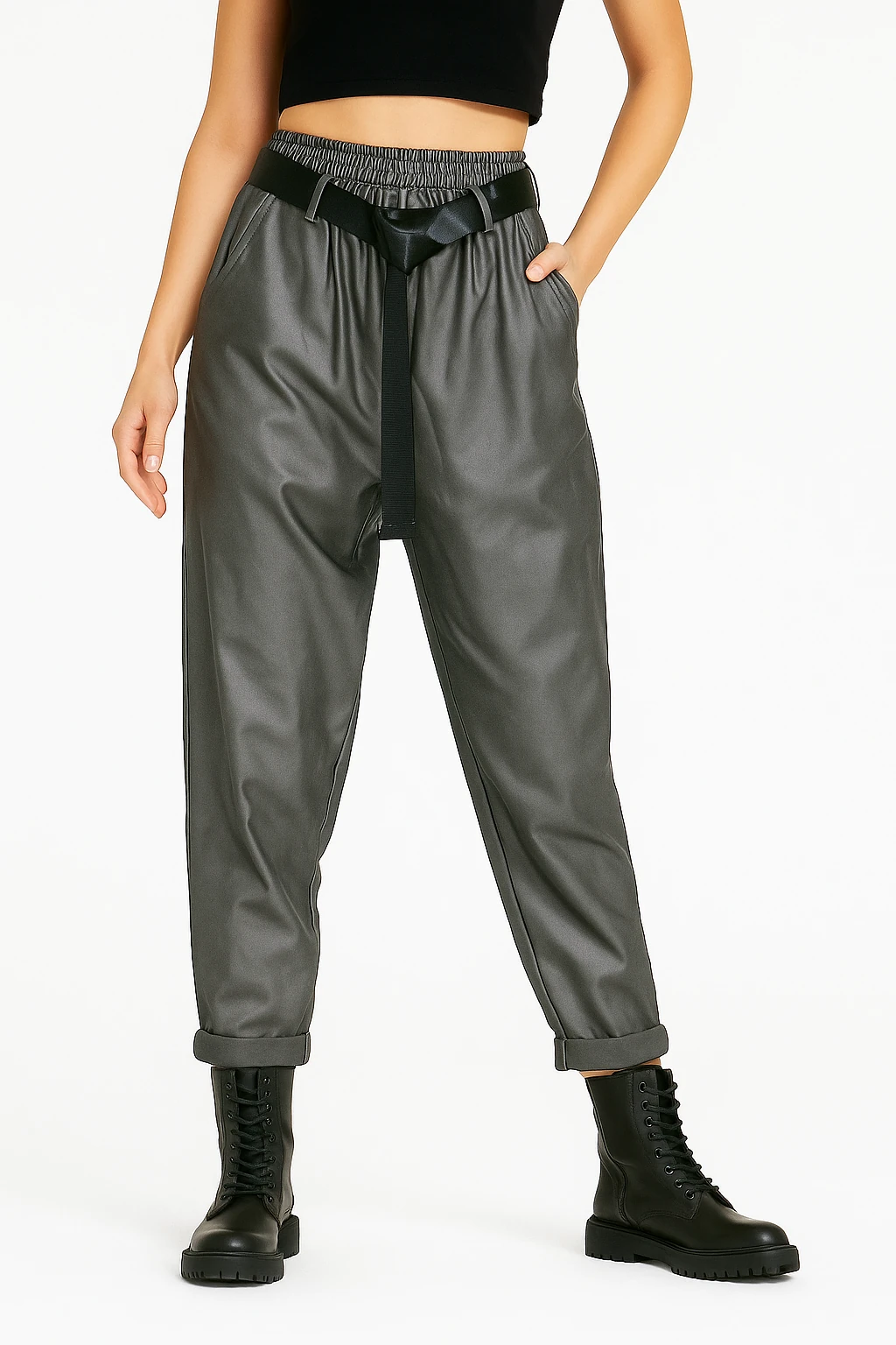 İtalyan Kemerli Deri Pantolon - GRİ