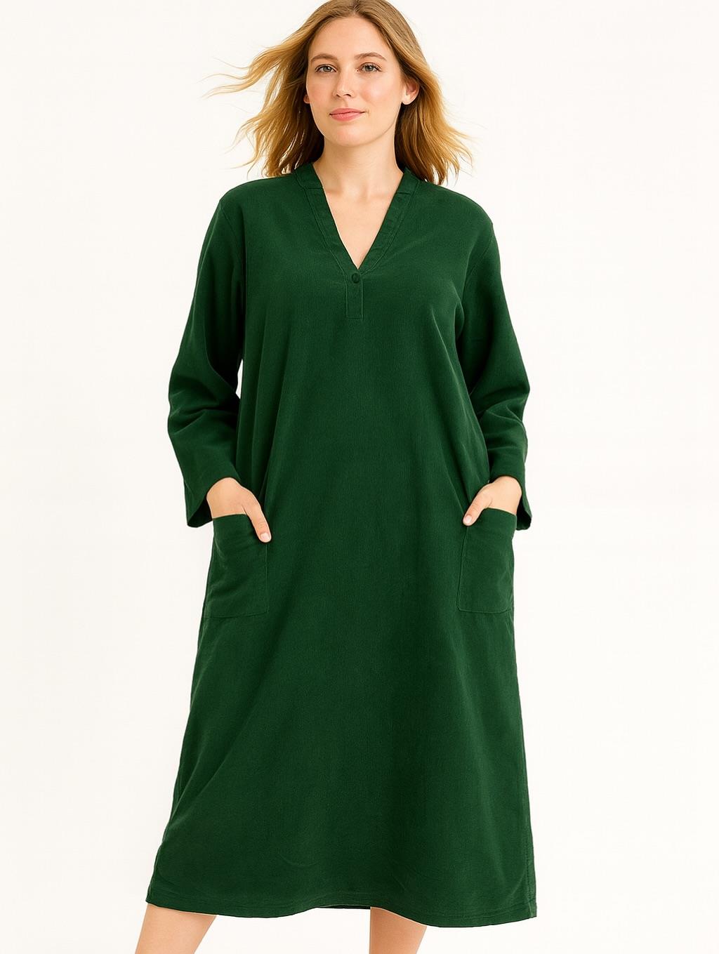 İtalyan Kadife Düğme Detaylı Elbise - YEŞİL