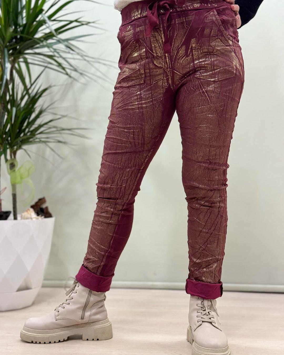 İtalyan Varak Baskılı Likralı Pantolon - BORDO