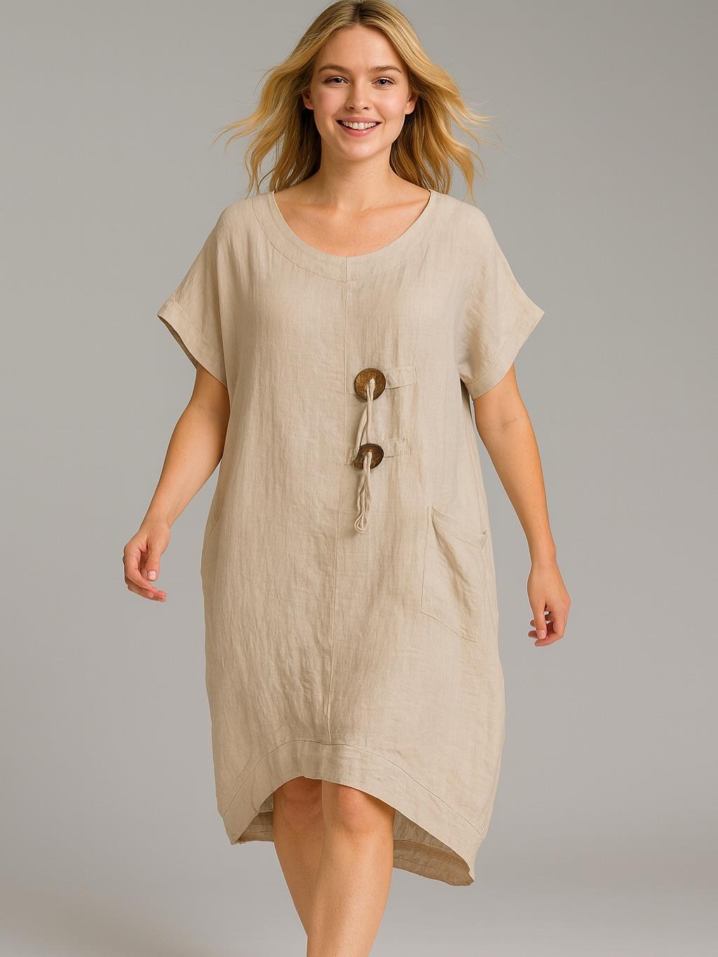 İtalyan Keten Toka Detaylı Elbise - BEJ