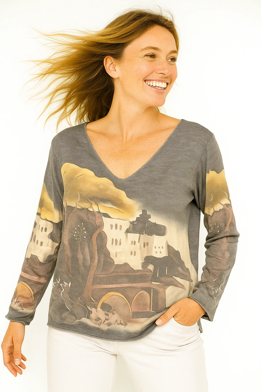 İtalyan Desenli V Yaka Triko Bluz - VİZON