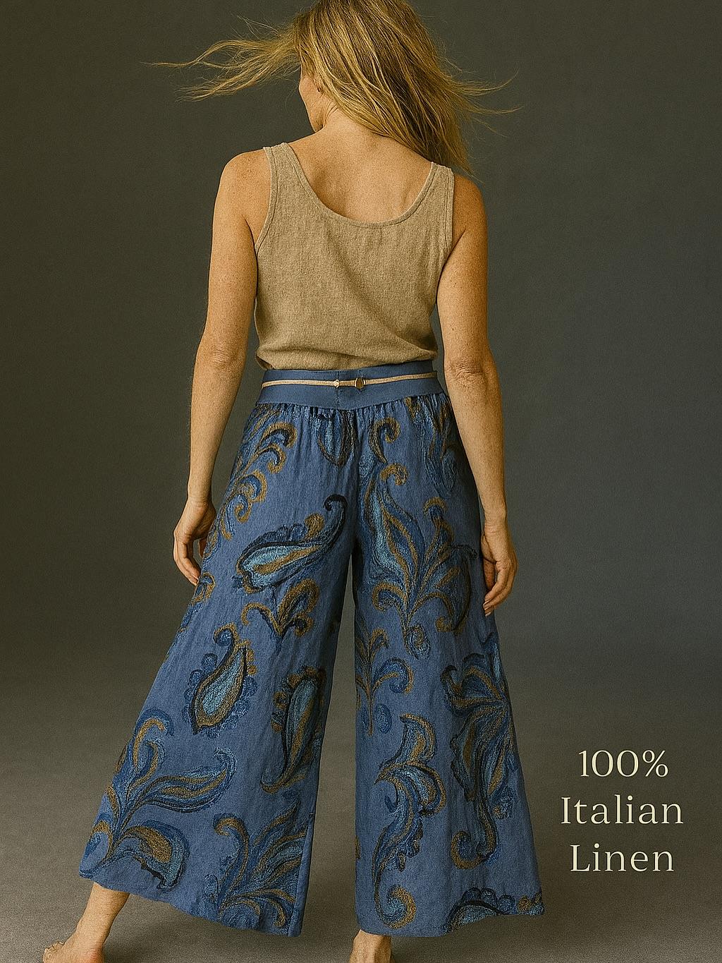 İtalyan Çiçek Desenli Keten Pantolon - MAVİ