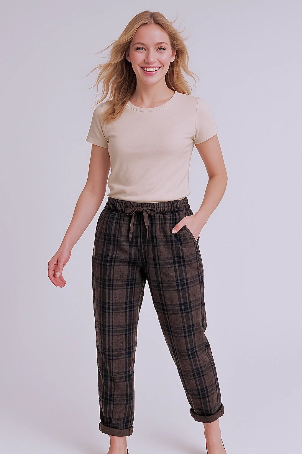 İtalyan Çizgi Desenli Likralı Pantolon - VİZON