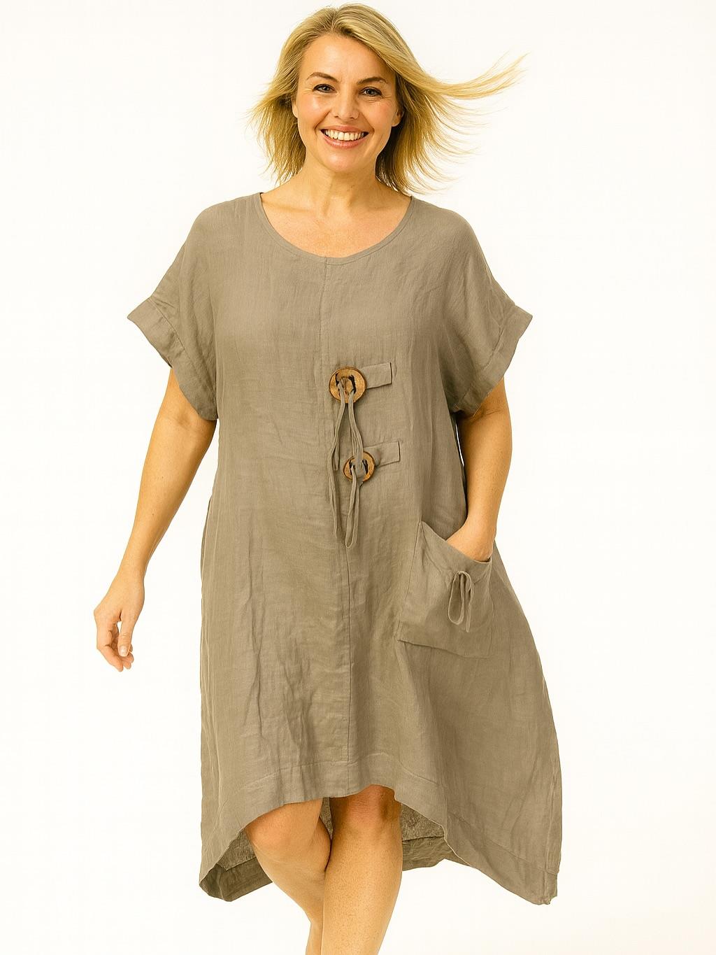 İtalyan Keten Toka Detaylı Elbise - VİZON