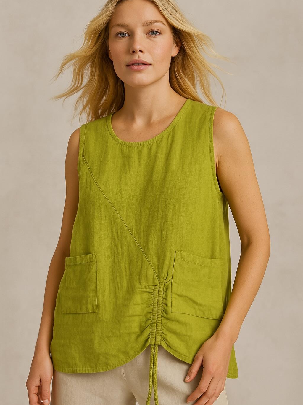 İtalyan Keten Bluz - YAĞ YEŞİLİ