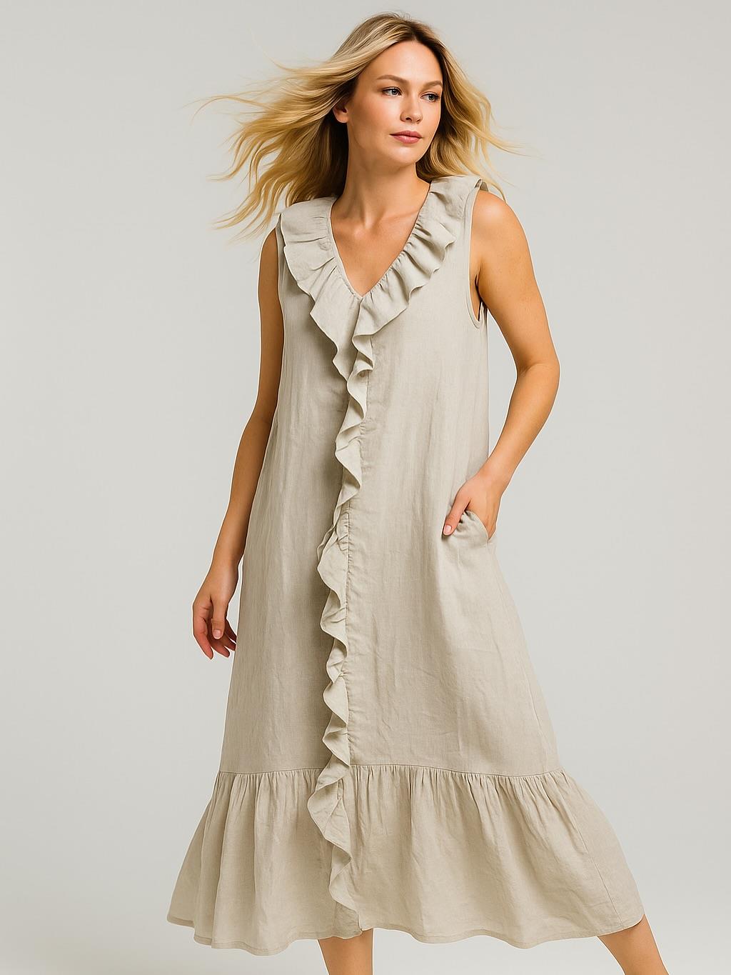 İtalyan Fırfır Detaylı Keten Elbise - BEJ