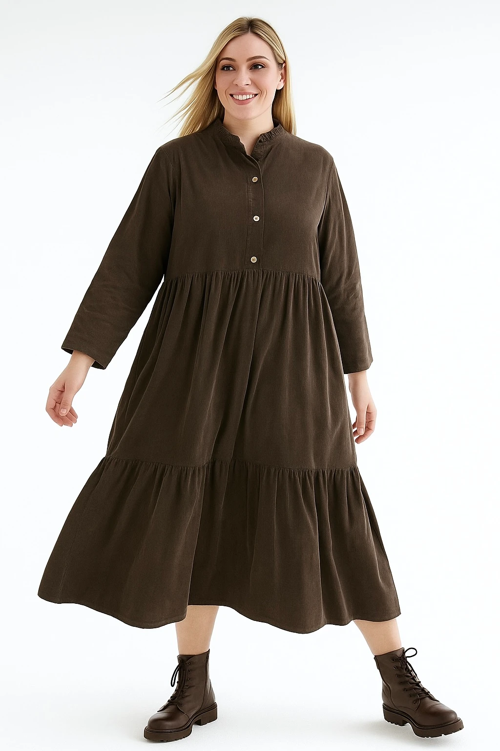 İtalyan Düğme Detaylı Kadife Elbise - KAHVERENGİ