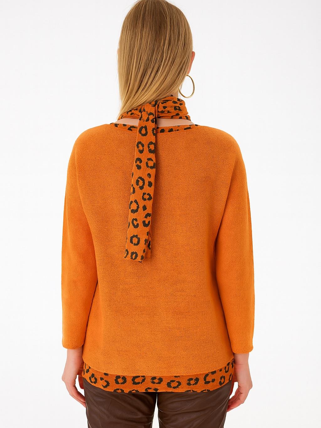 İtalyan Fularlı Triko Takım Bluz - TURUNCU