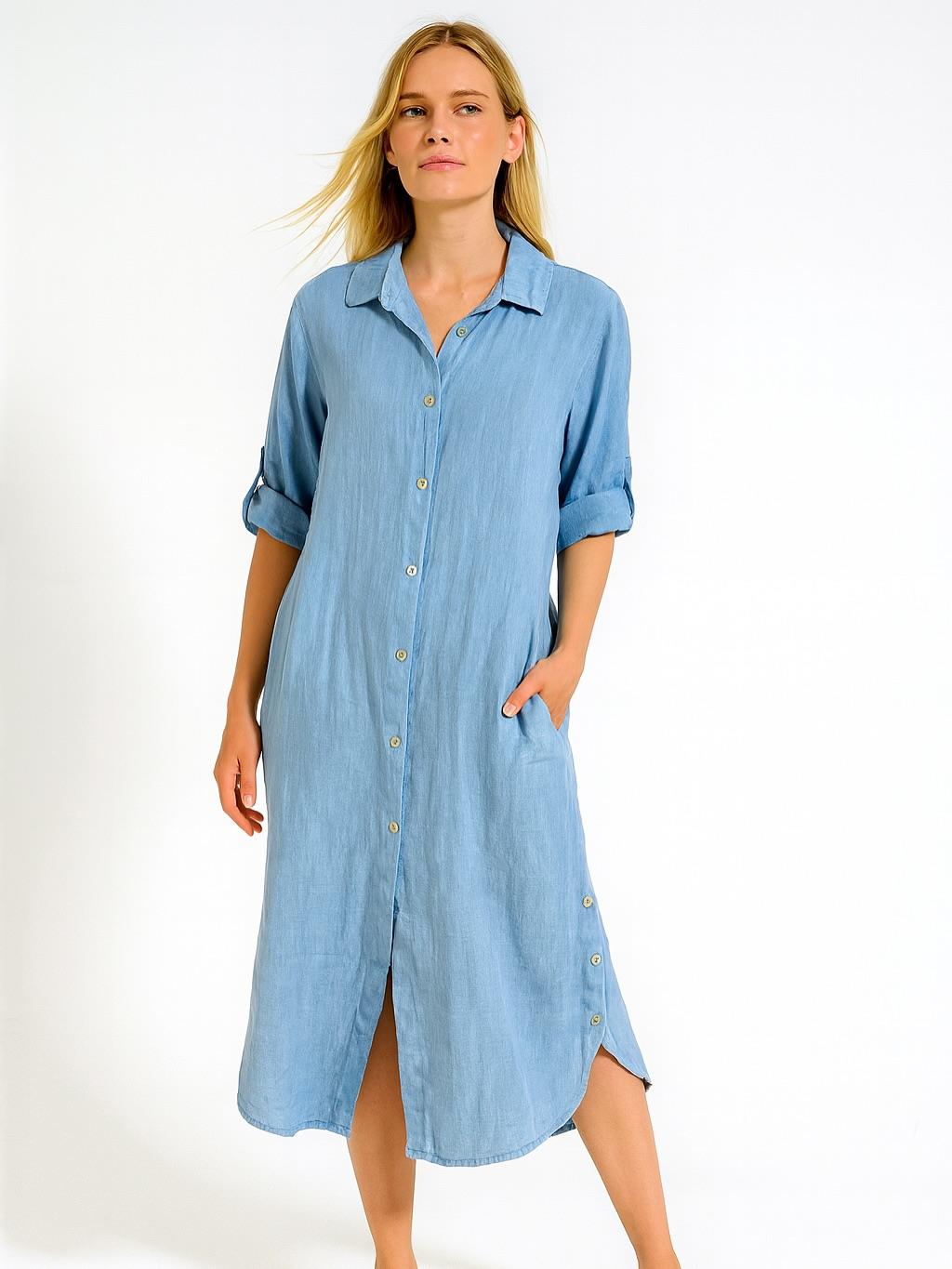 İtalyan Keten Sırtı Dantelli Elbise - MAVİ