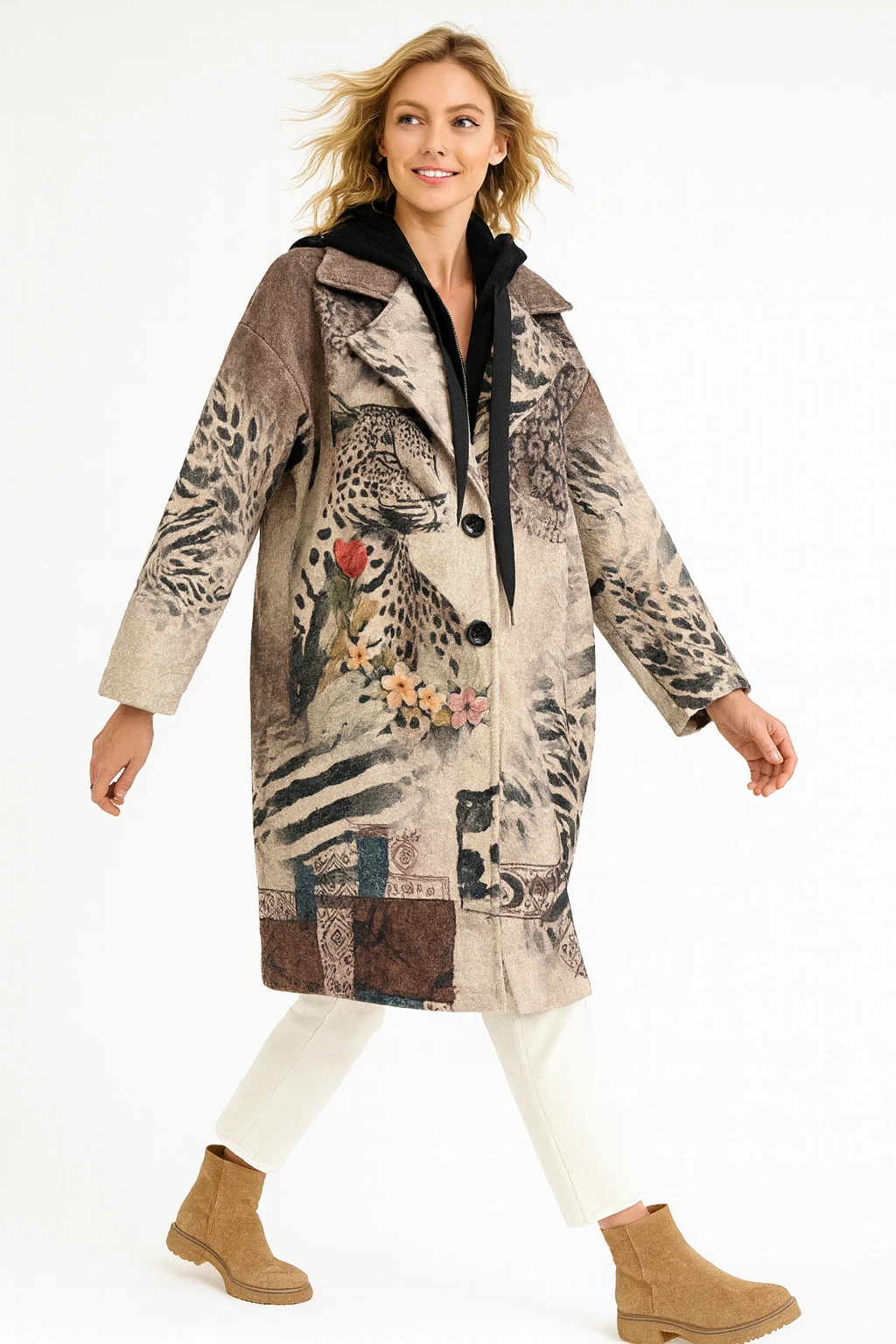 İtalyan Leopar Desenli Kapüşonlu Keçe Kaban - BEJ