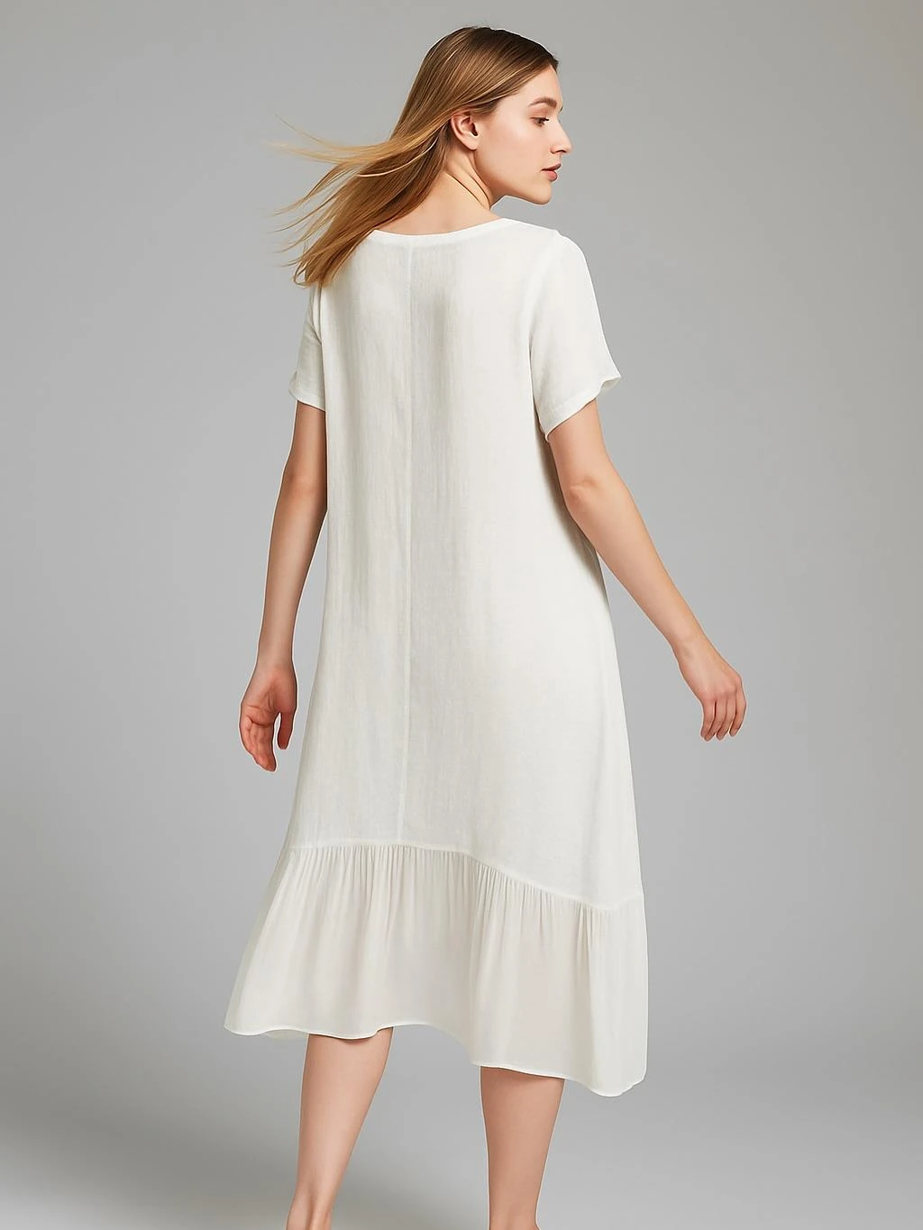 İtalyan Keten İpek Detaylı Elbise - BEYAZ