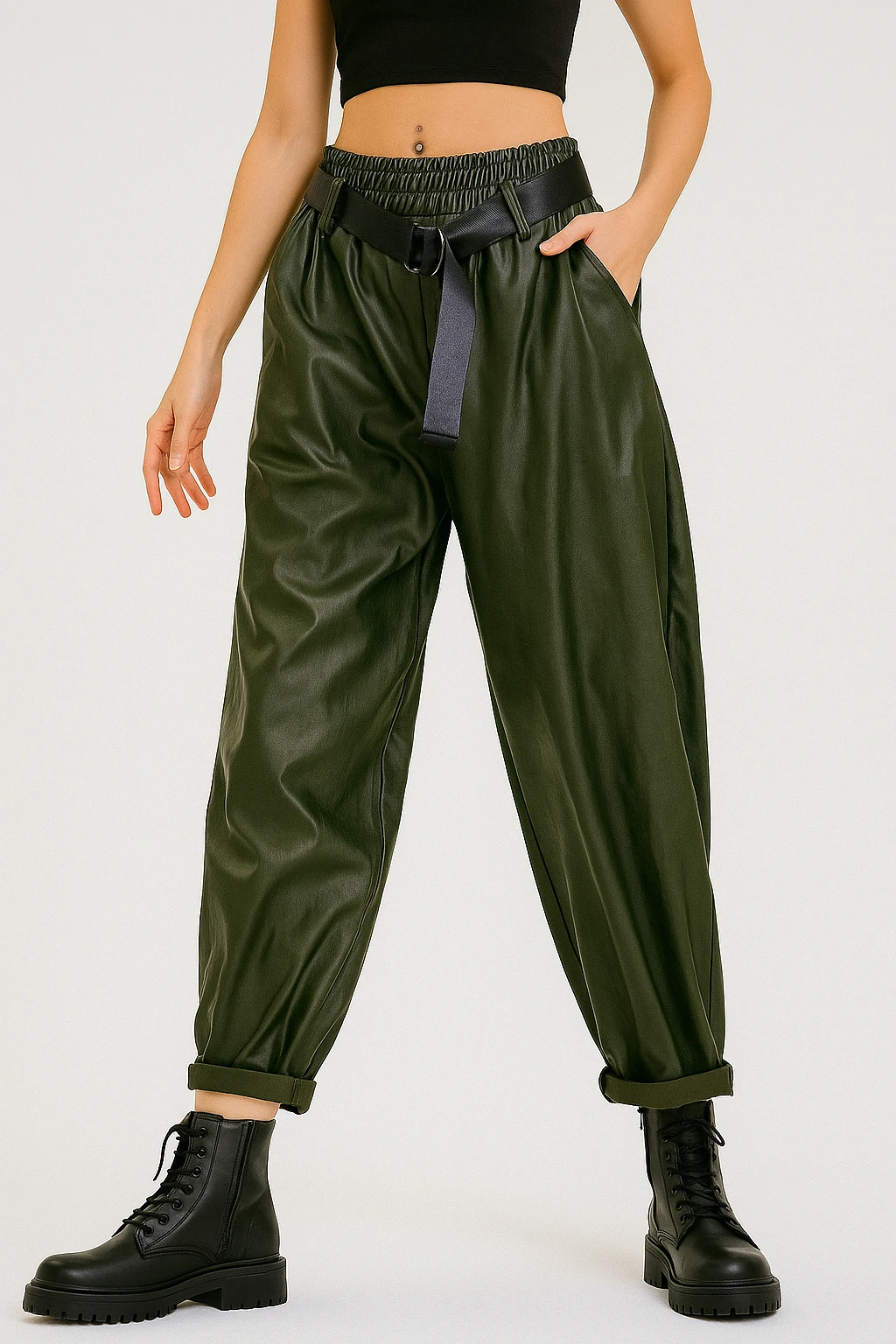 İtalyan Kemerli Deri Pantolon - HAKİ