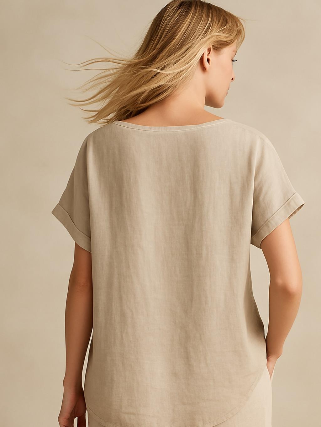 İtalyan Nakış Detaylı Keten Bluz - BEJ