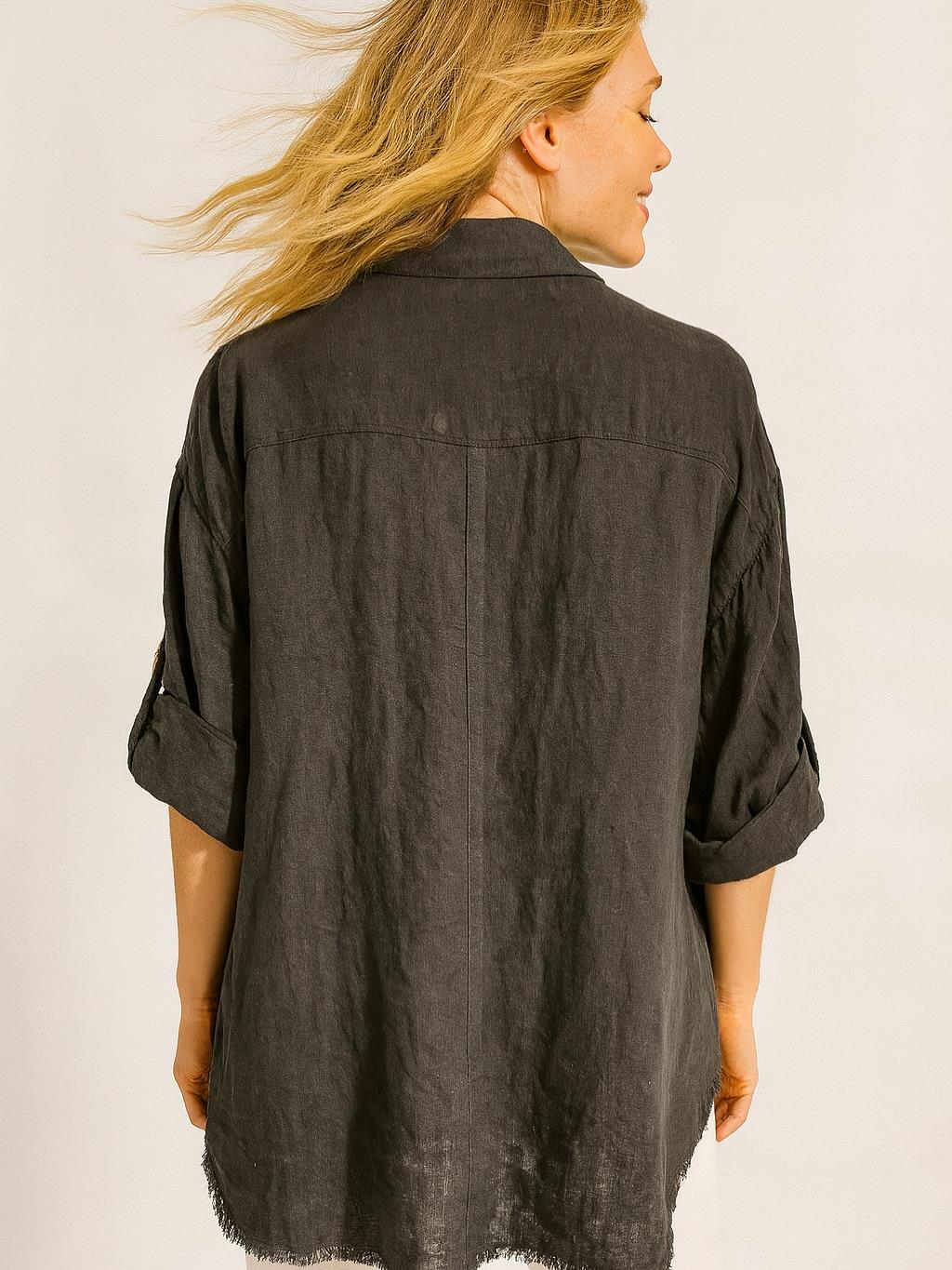 İtalyan Keten Dantel Detaylı Gömlek - SİYAH