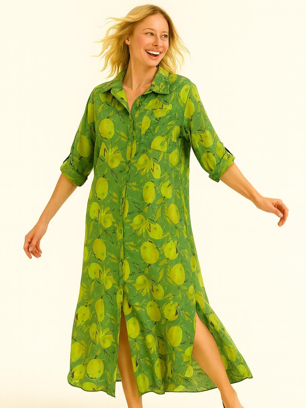 İtalyan Pamuk Limon Desen Elbise - YEŞİL