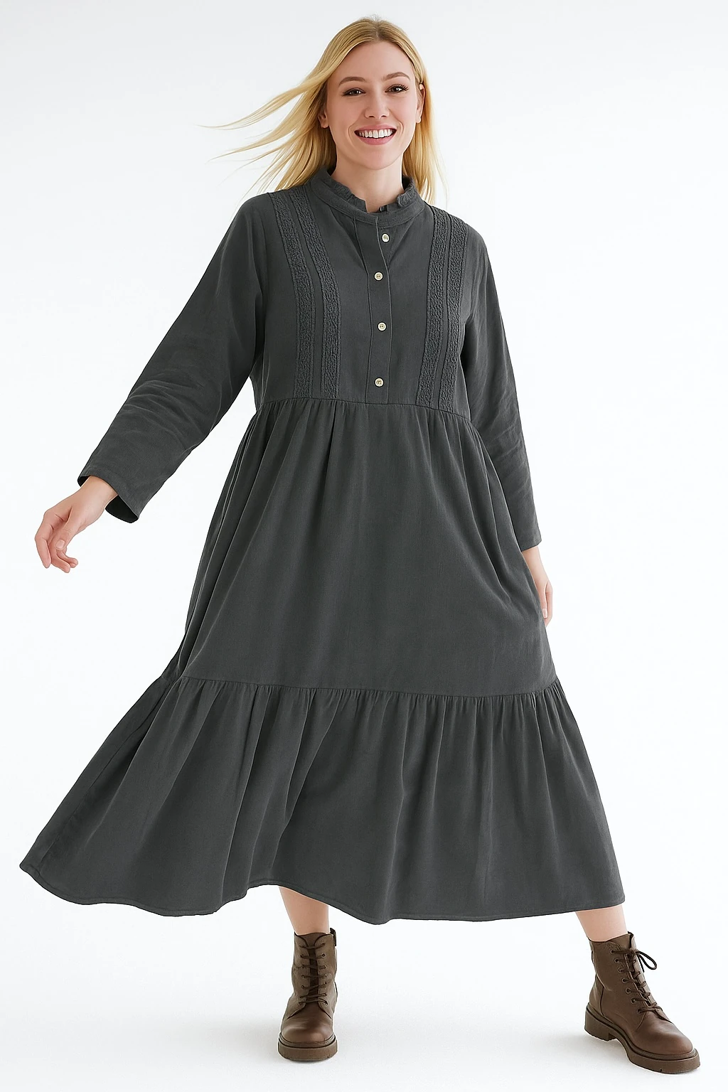 İtalyan Düğme Detaylı Kadife Elbise - ANTRASİT