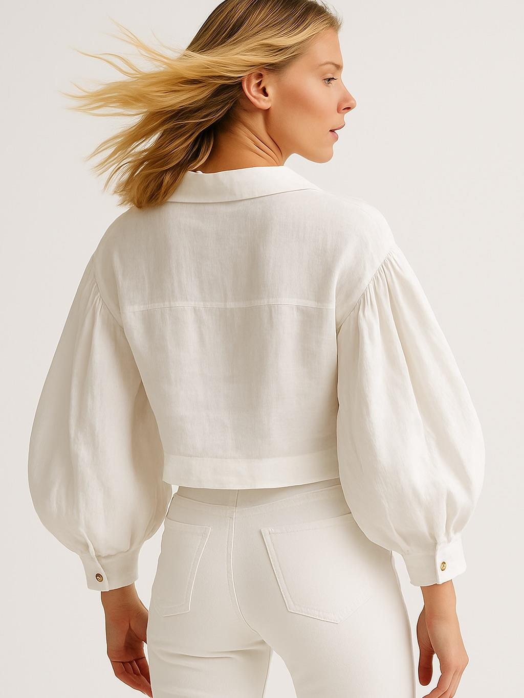 İtalyan  Özel Tasarım Keten Gömlek - BEYAZ