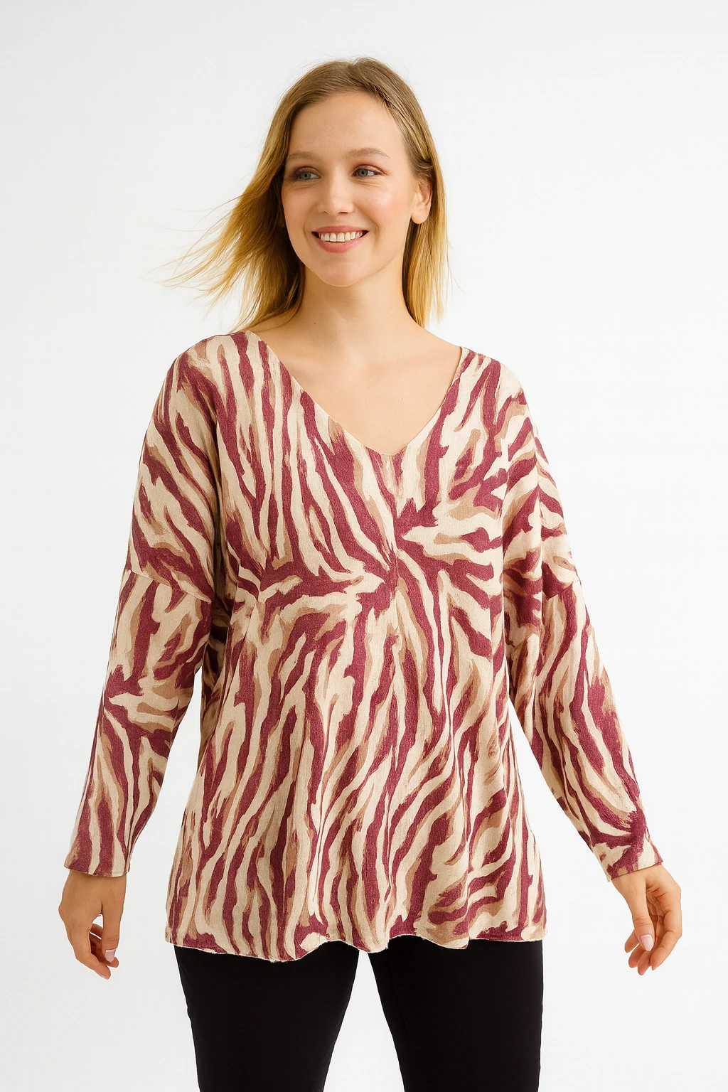 İtalyan Zebra Desen Triko Bluz - KIRMIZI