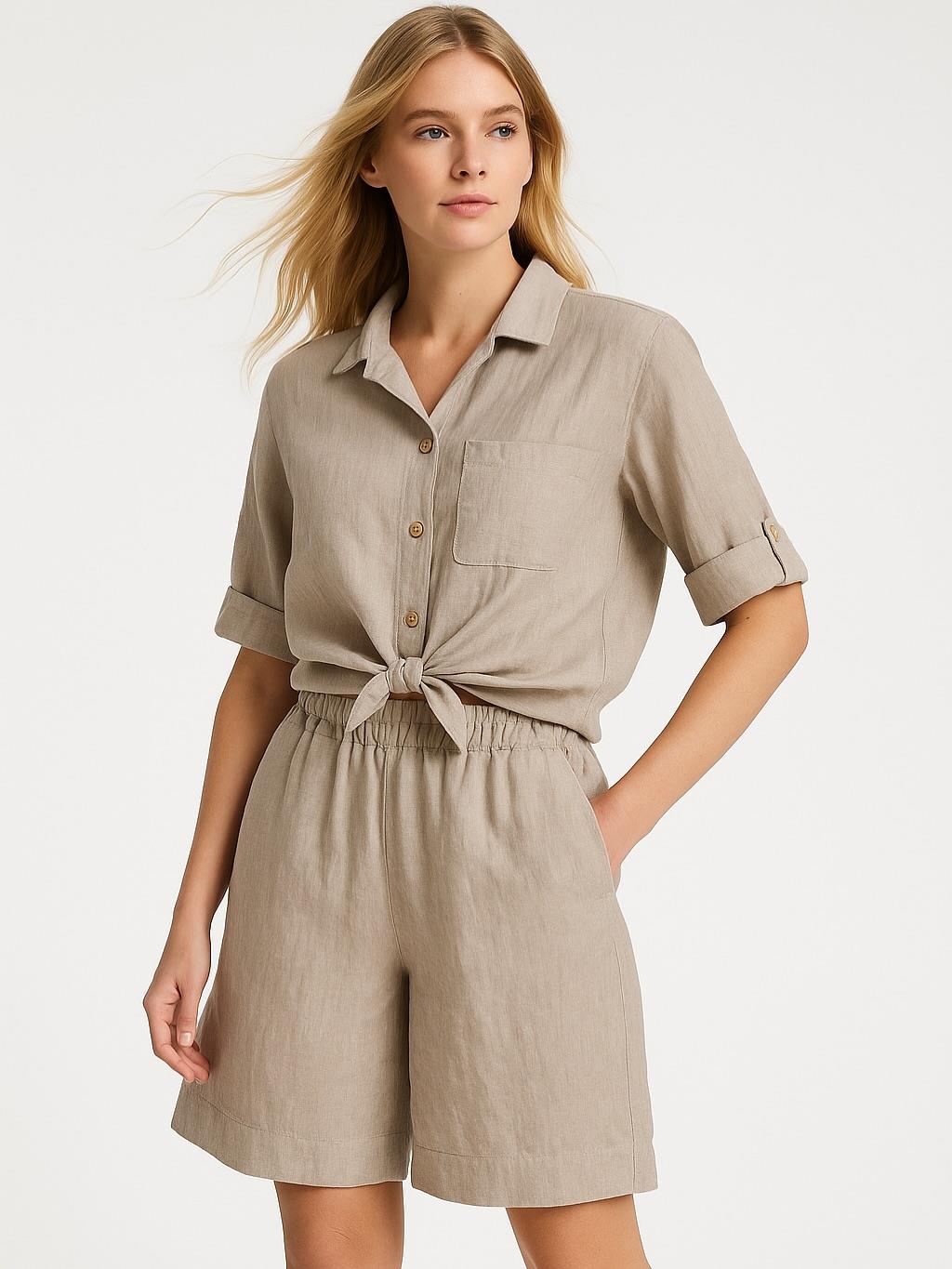 İtalyan Keten Şort Takım - BEJ