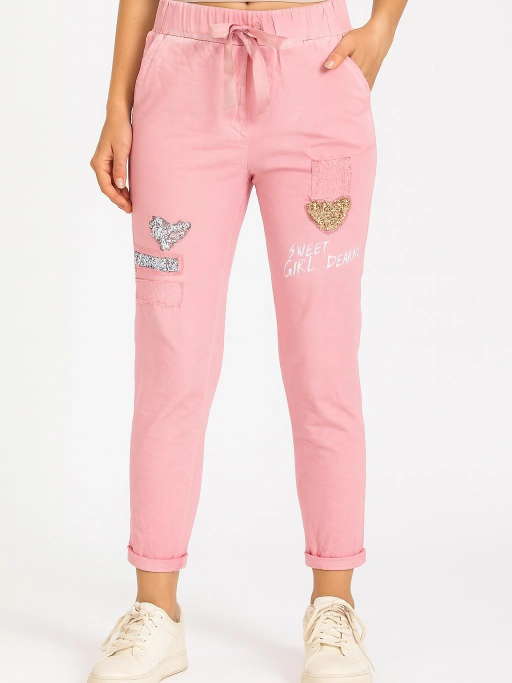 İtalyan Pul Payet Kalp Detaylı Likralı Pantolon - PEMBE