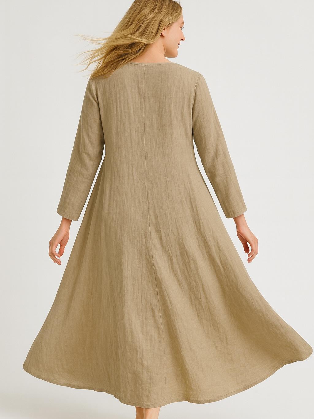 İtalyan Keten V Yaka Elbise - BEJ