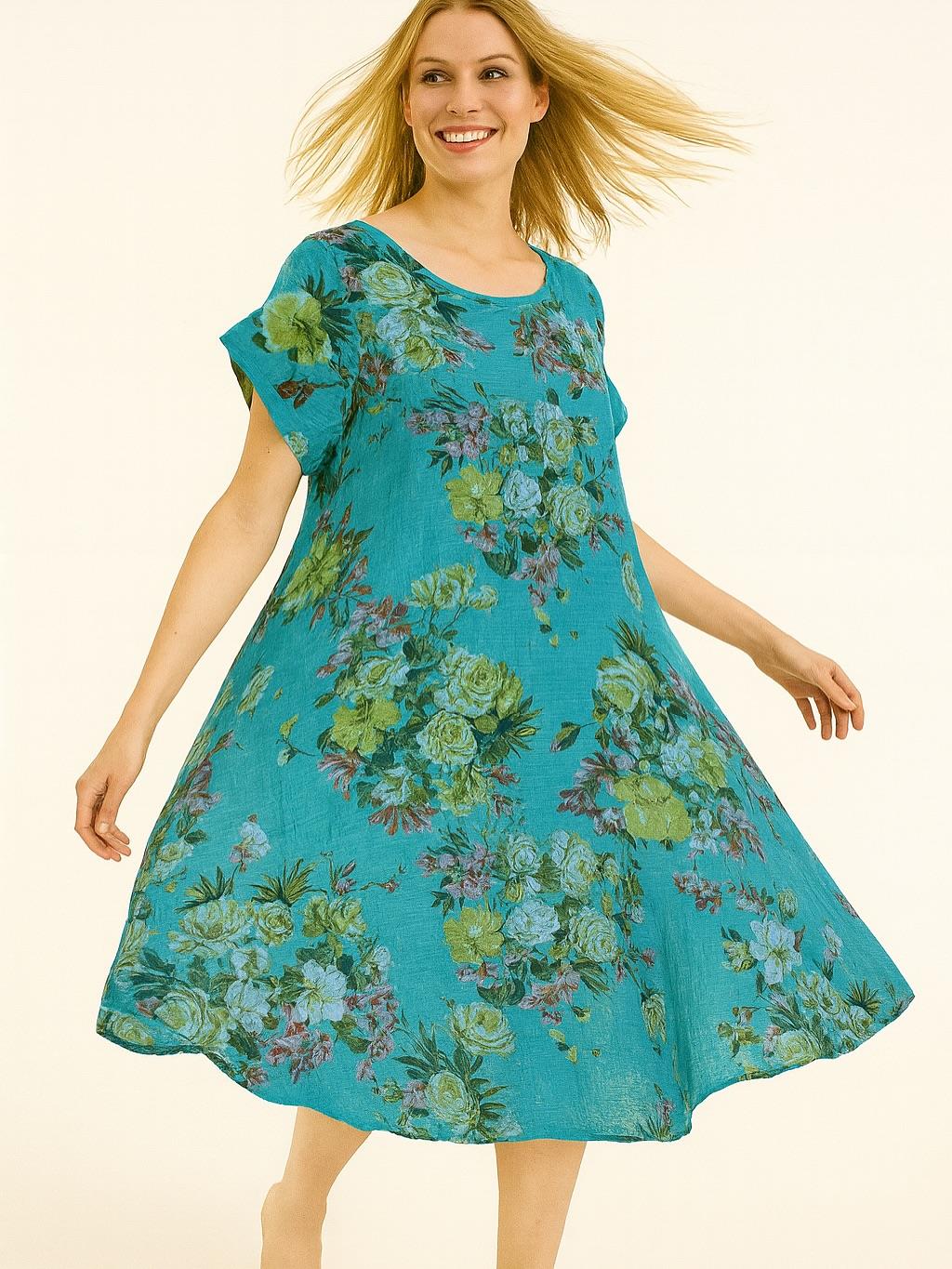 İtalyan Keten Çiçek Desen Elbise - TURKUAZ