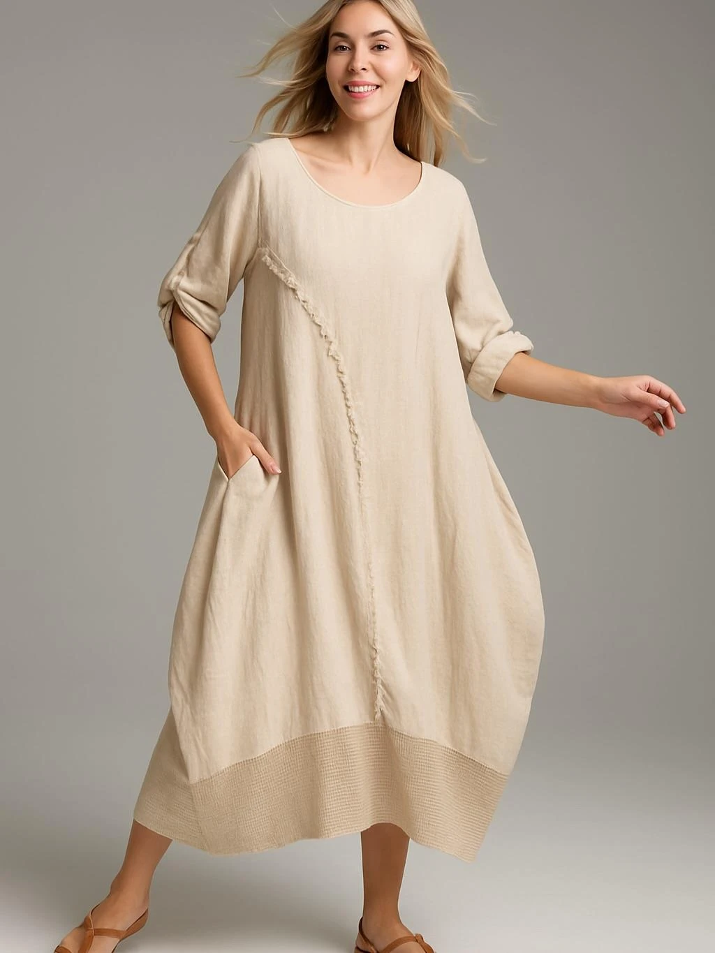 İtalyan Keten Dikiş Detaylı Elbise - BEJ