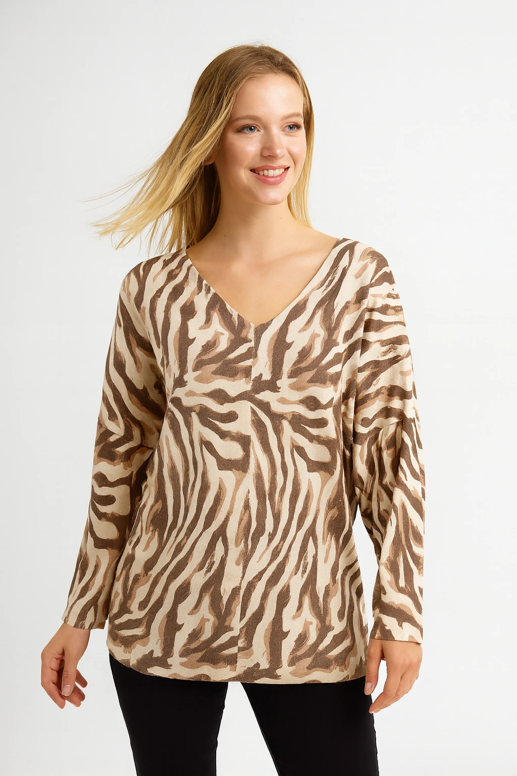 İtalyan Zebra Desen Triko Bluz - VİZON