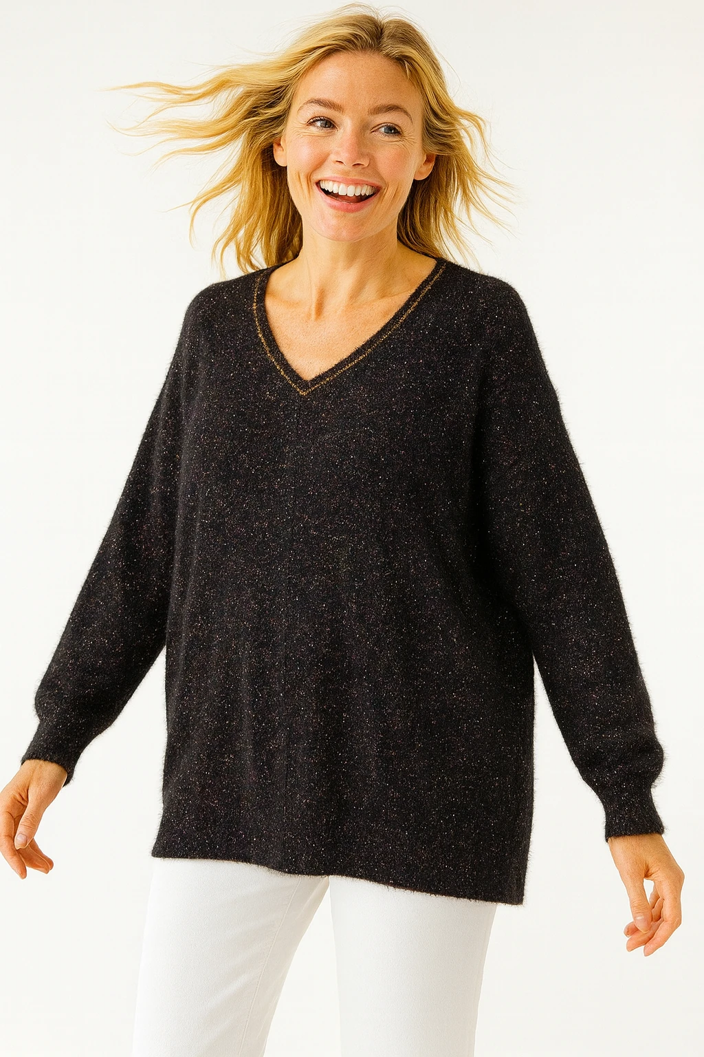 İtalyan V Yaka Simli Triko Bluz - SİYAH
