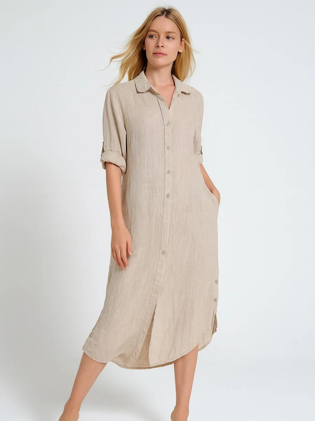 İtalyan Keten Sırtı Dantelli Elbise - BEJ