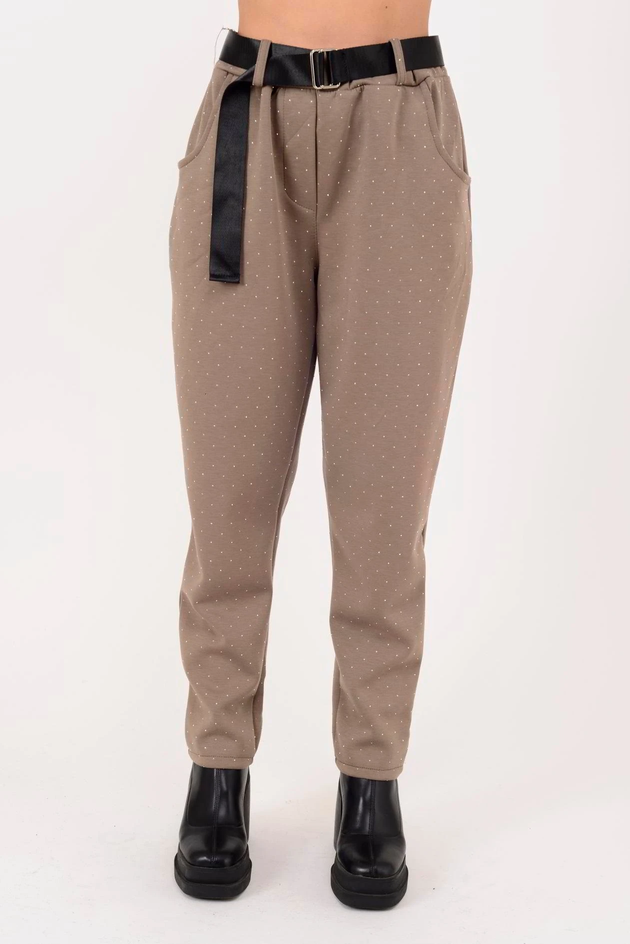 İtalyan Kemer Detaylı Taş İşlemeli Pantolon - VİZON