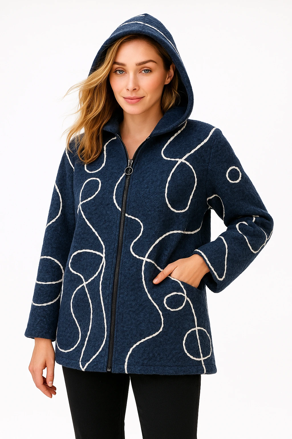 İtalyan Kapüşonlu Keçe Ceket - LACİVERT