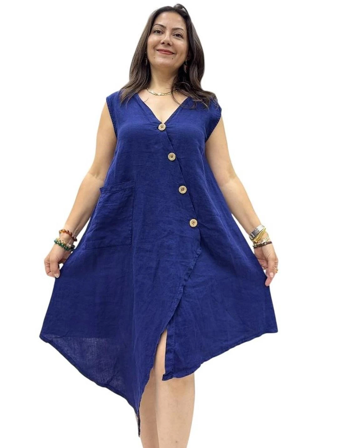 İtalyan Keten Tasarım Elbise - LACİVERT