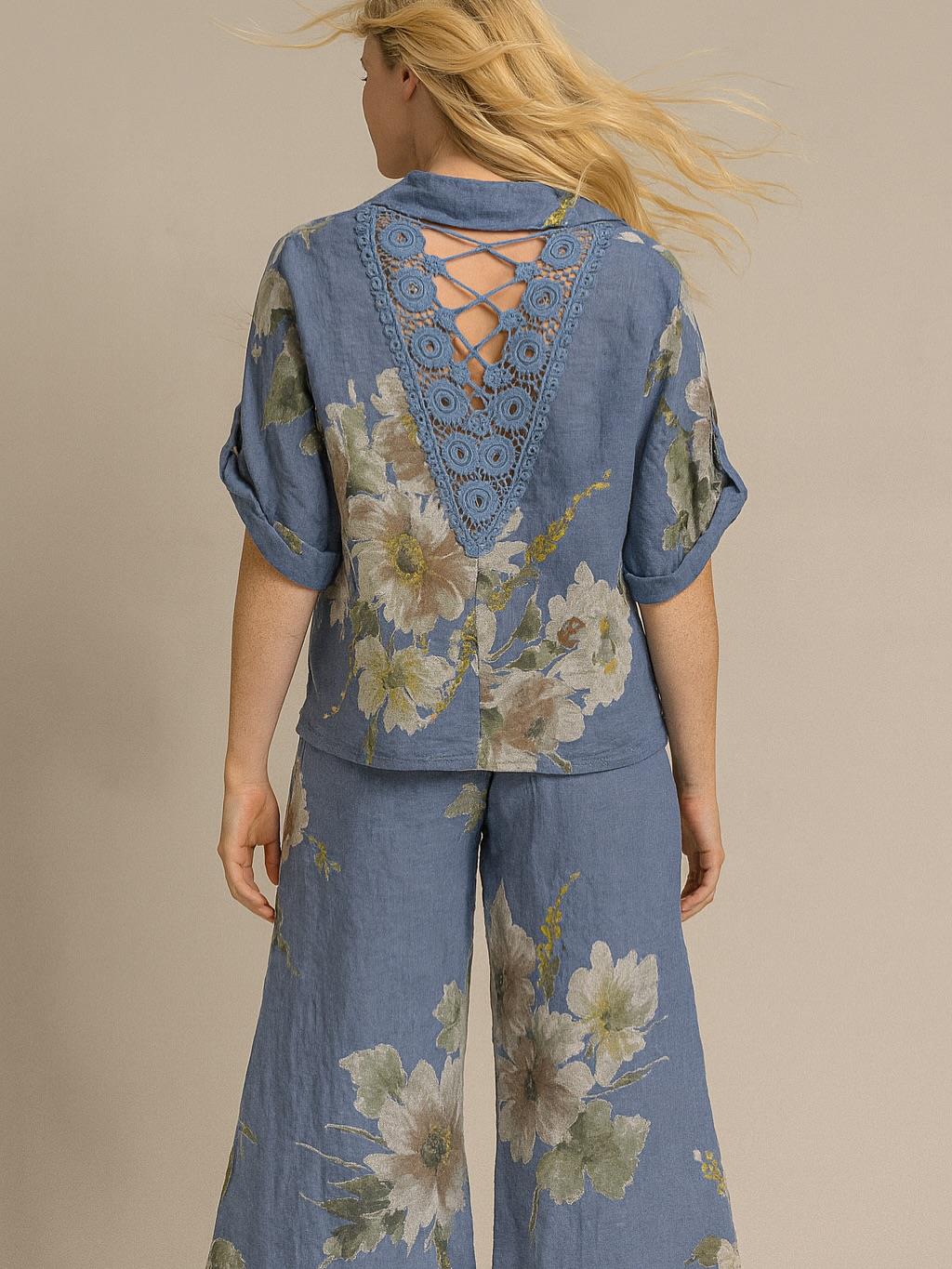 İtalyan Sırt Dantel Detaylı Keten Takım - MAVİ