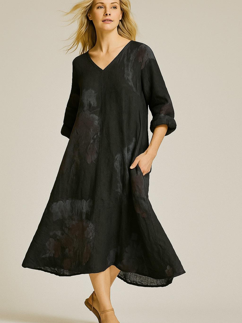 İtalyan Çiçek Desenli Keten Elbise - SİYAH