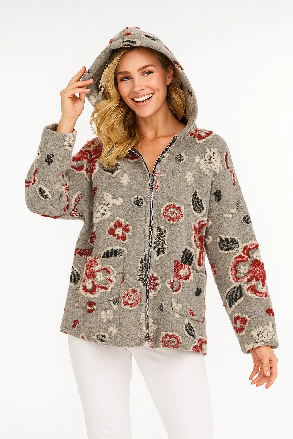 İtalyan Çiçek Tasarımlı Kapüşonlu Keçe Kaban - GRİ