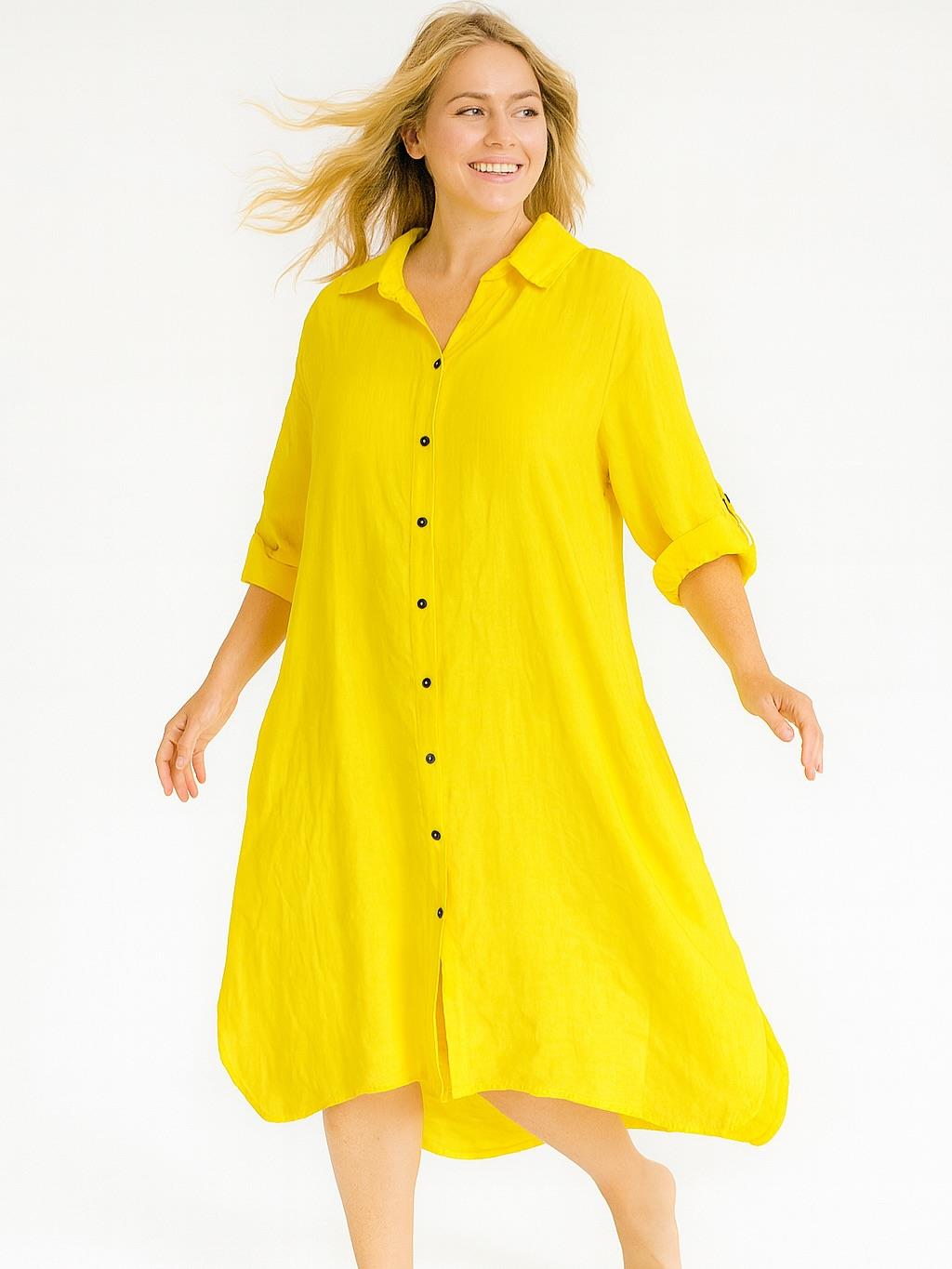 İtalyan Keten Gömlek Elbise - SARI